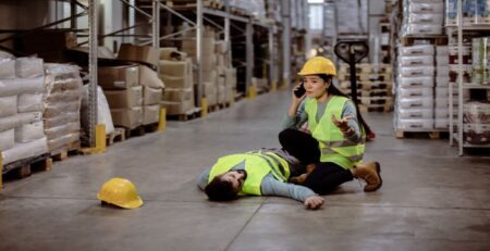 Warehouse Manager Lying Down on the Warehouse Floor After an Accident